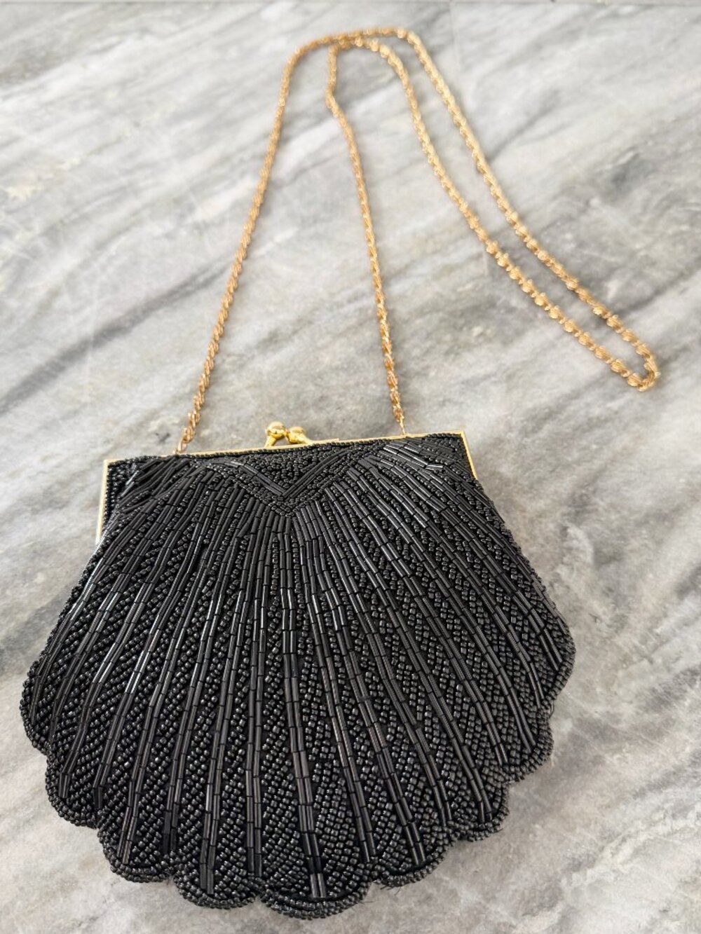 Vintage Black Beaded Clamshell Evening Bag • Gold Chain Convertible Clutch
